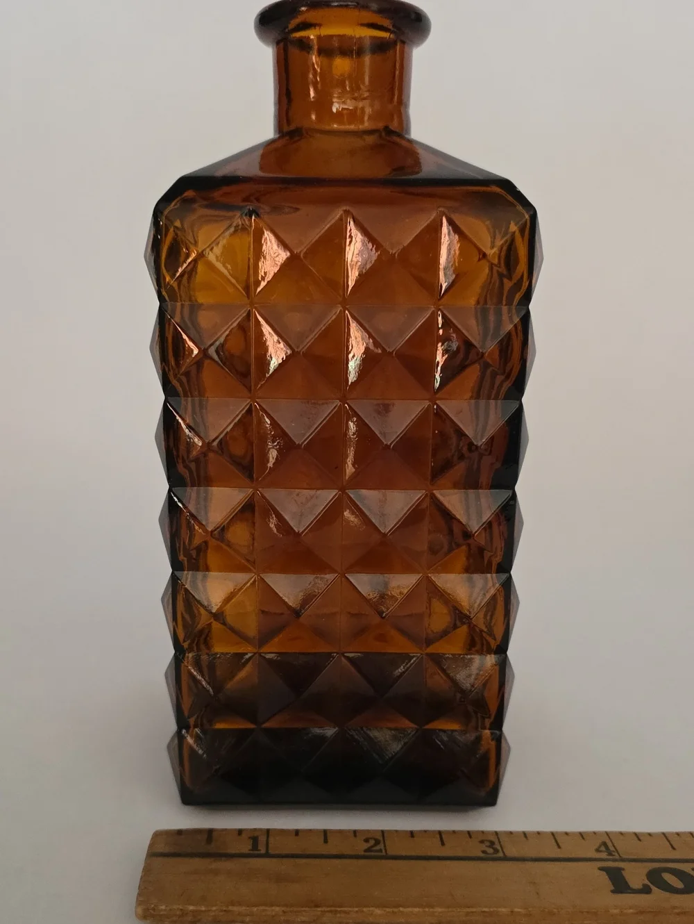 Vintage Amber Glass Decanter Made in Spain Mid Century Diamond Point Barware